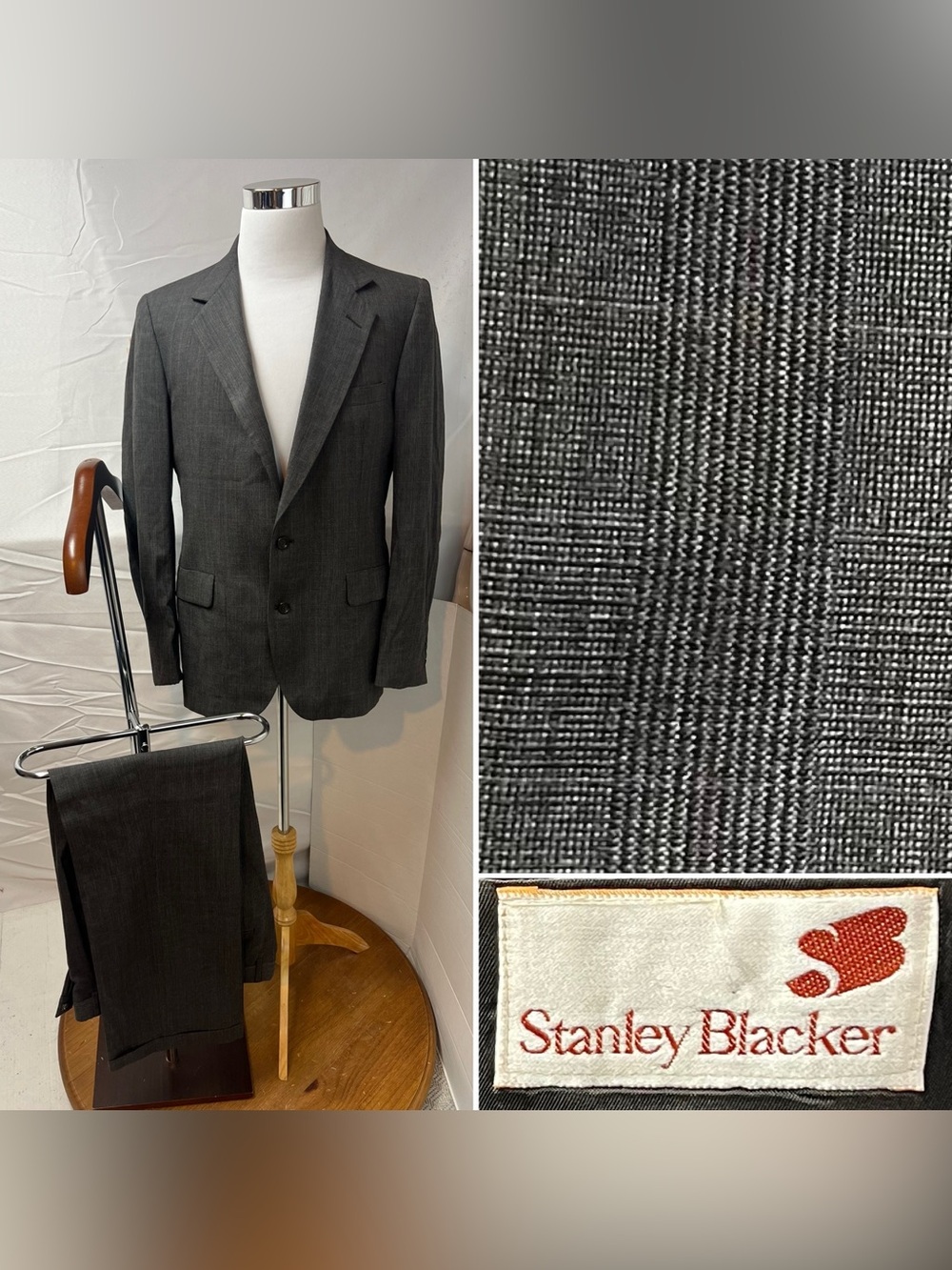 Vintage Stanley Blacker Men's 40L Blazer 34x31 Pants Gray Glen Plaid Suit USA